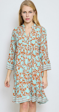 CIR102 Rust Floral V-Neck Dress w/ Three-Quarter Sleeves
