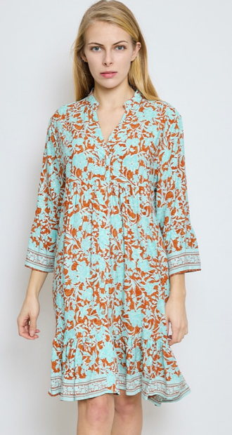 CIR102 Rust Floral V-Neck Dress w/ Three-Quarter Sleeves