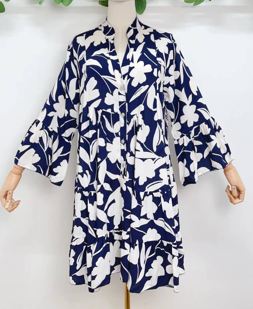 SVI8 Navy One Size Italian Floral Short Printed Dress