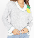 MC208 Gray Soft Comfy 3D Floral Sweater V-Neck LOOWIE