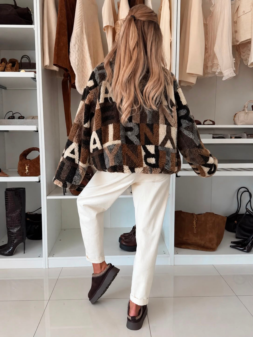 SWTJ5 Brown Letter Print Teddy Jacket