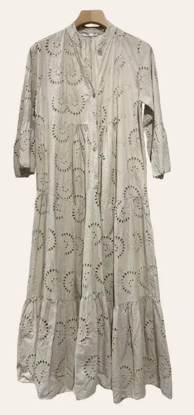 681 Beige One Size Cotton English Embroidery Long Dress