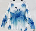 Blue Floral V-Neck Knit Printed Long Sleeves Sweater