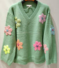 MC038 Green Soft Comfy Sweater Embroidered Flowers LOOWIE