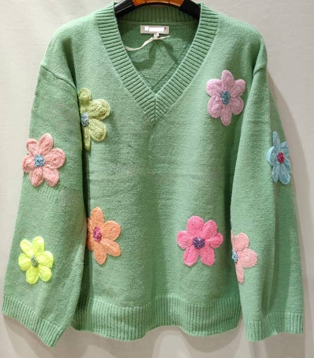 MC038 Green Soft Comfy Sweater Embroidered Flowers LOOWIE