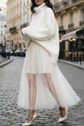 ELLSWH Italian One Size White Layered Sheer Tulle Midi Skirt