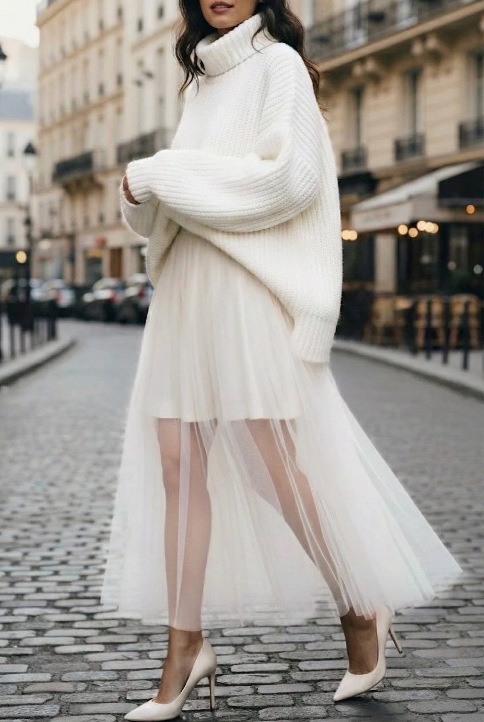ELLSWH Italian One Size White Layered Sheer Tulle Midi Skirt