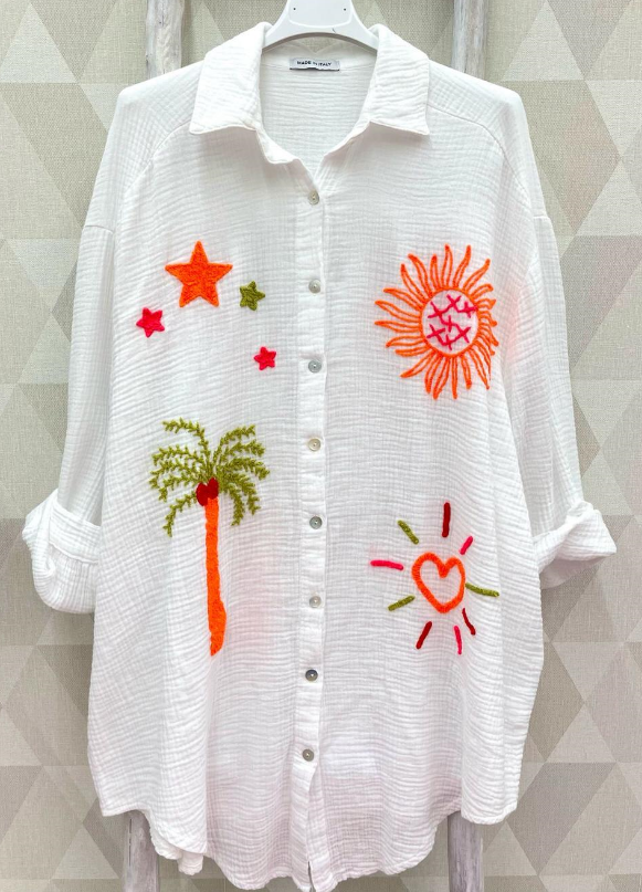 PALMWN White Palm & Sun Oversized Gauze Cotton Shirt LOOWIE