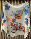 EUBIC White Bicycle Round Neck Knit Printed Sweater