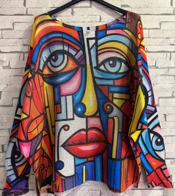 ZAPIC Blue " PICASSO" Round Neck Knit Printed Sweater LOOWIE