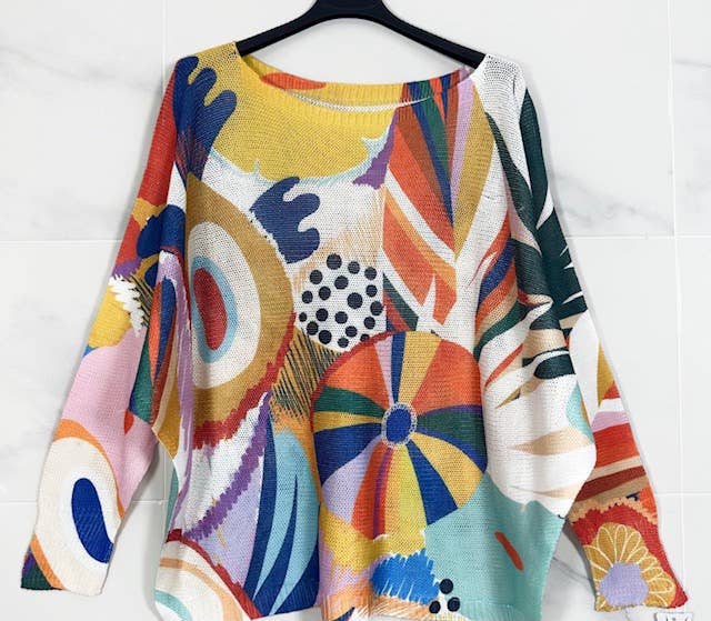 702 Multicolor Abstract  Round Knit Printed Sweater LOOWIE