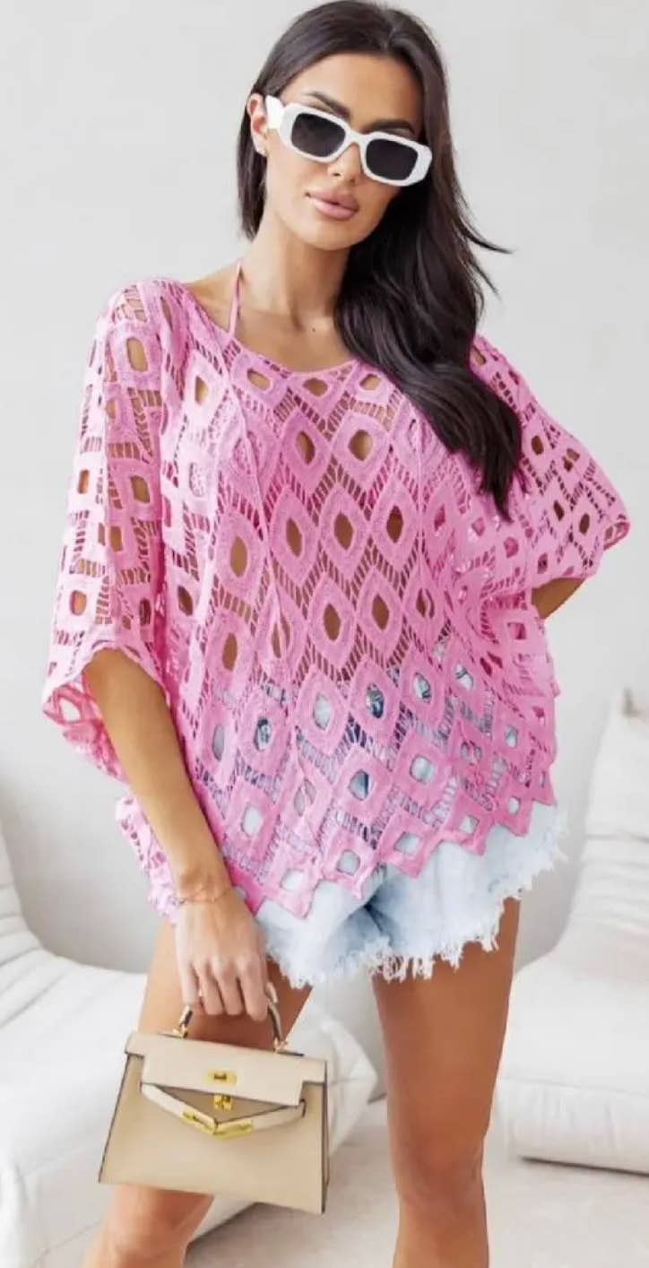 D025 Italian Pink Cotton Crochet Open Beach Top LOOWIE