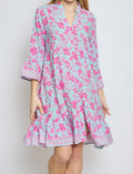 CIR102 Pink Floral V-Neck Dress w/ Three-Quarter Sleeves