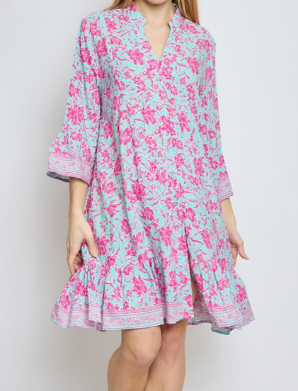 CIR102 Pink Floral V-Neck Dress w/ Three-Quarter Sleeves