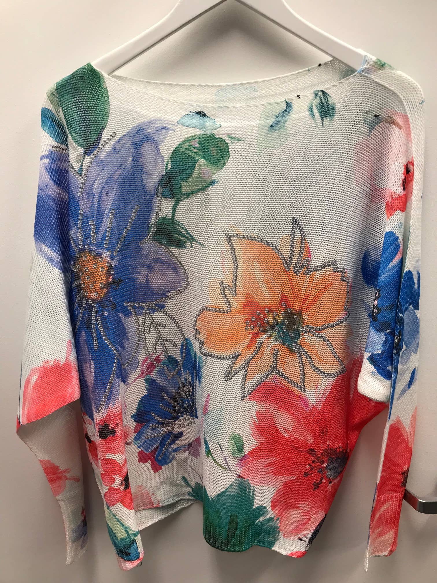 718 White Floral Multicolor Round Knit Printed Sweater