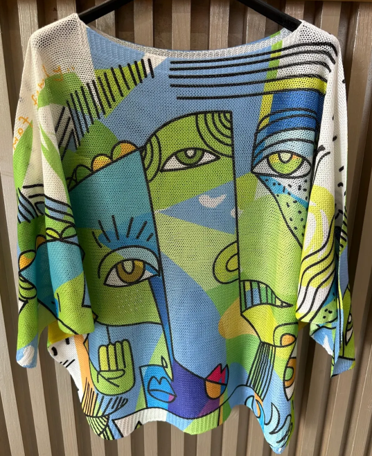 EUPIC Green "Picasso" Round Neck Knit Printed Sweater