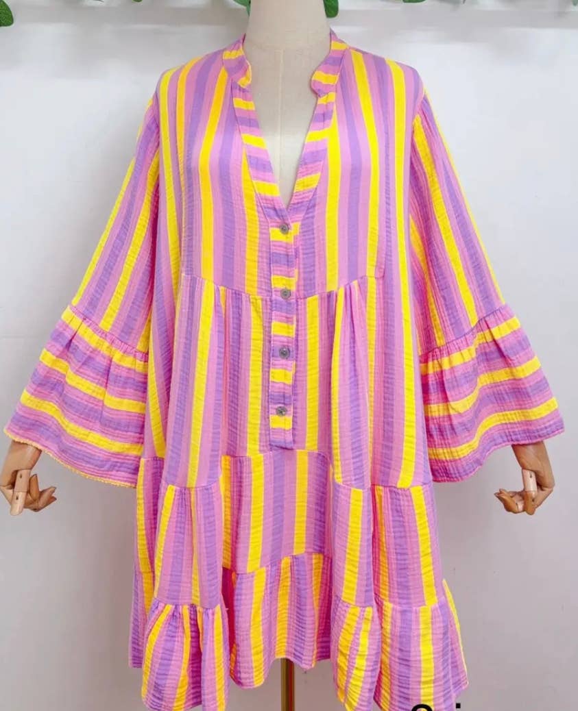 SVO28 Purple One Size Italian Striped Short Printed Dress