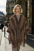 MCFCTA One Size Taupe Faux Fur Trimmed Fringe Cape