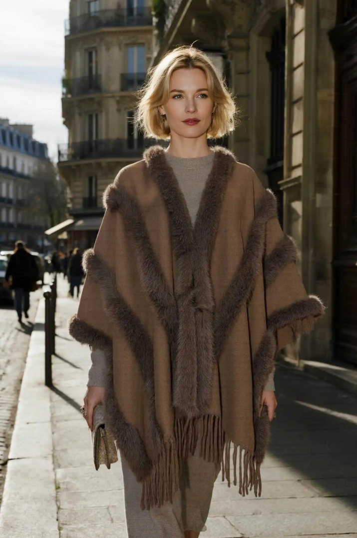 MCFCTA One Size Taupe Faux Fur Trimmed Fringe Cape