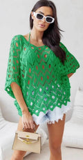 D021 Italian Green Cotton Crochet Open Beach Top LOOWIE
