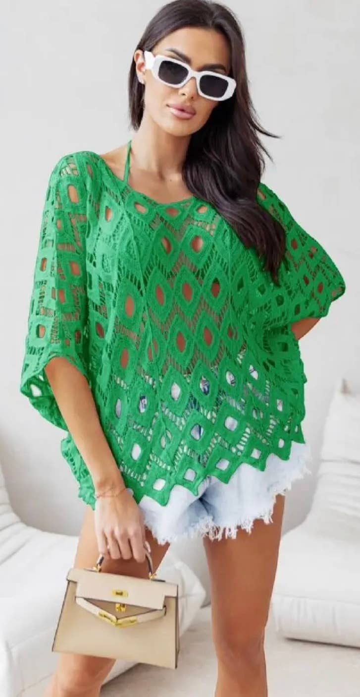D021 Italian Green Cotton Crochet Open Beach Top LOOWIE