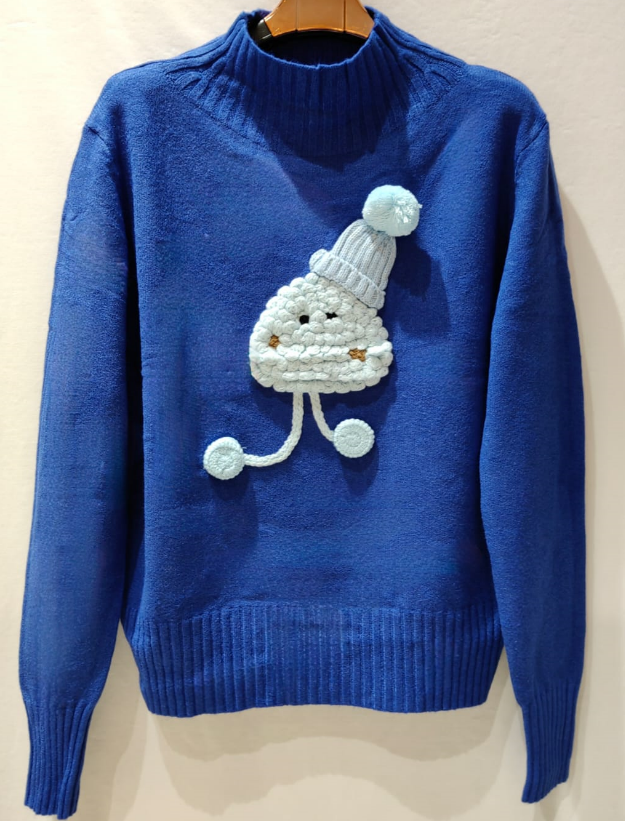 MC549 Blue Soft Sweater with Adorable Knitted Character