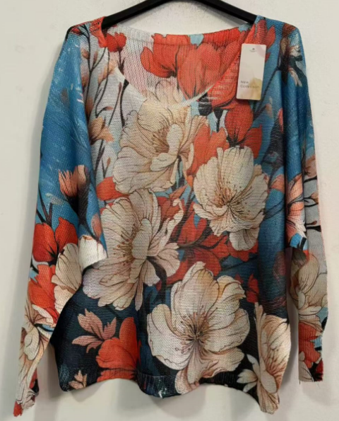 POFLOB Blue Floral V-Neck Knit Printed Sweater LOOWIE
