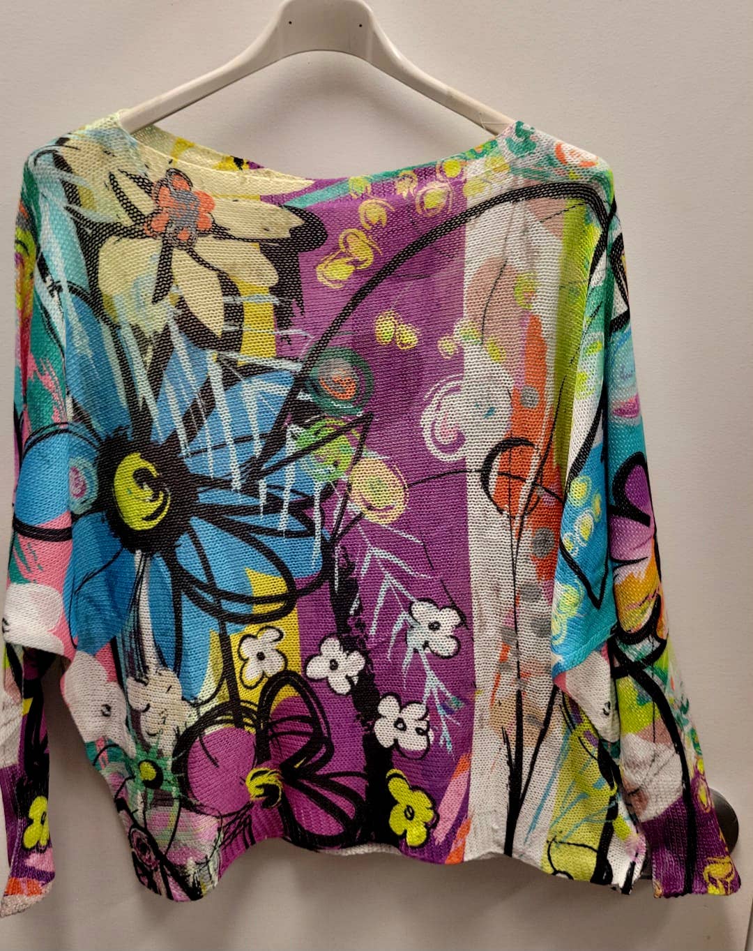 COFLB Blue Purple Floral Round Knit Printed Sweater