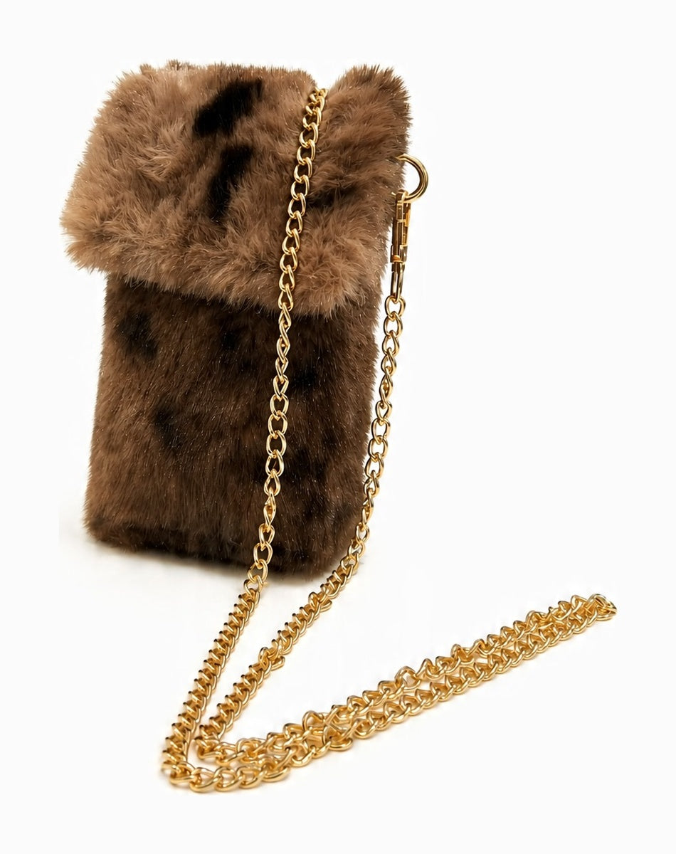 JA435 Camel Leopard Faux Fur Chain Phone Bag