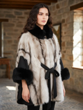 MCCACBK One Size Black Faux Fur Belted Cape Contrast Pattern