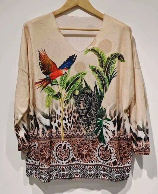 POJU Italian Cozy Beige Jungle Sweater One Size LOOWIE