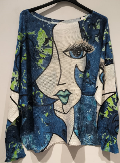POLAD3 Blue Lady "PICASSO"  Knit Printed Sweater LOOWIE