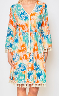 CIR158O Orange Bohemian V-Neck Dress w/ Long Sleeves