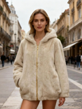 MCZJBE One Size Beige Plush Hooded Faux Fur Zip Jacket