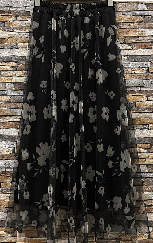 EL125FLBL Black Sheer Overlay Floral Print Maxi Skirt