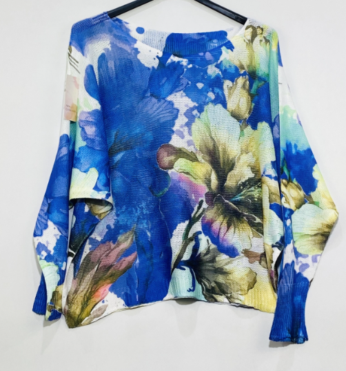 501 Royal Blue Floral Round Knit Printed Sweater LOOWIE