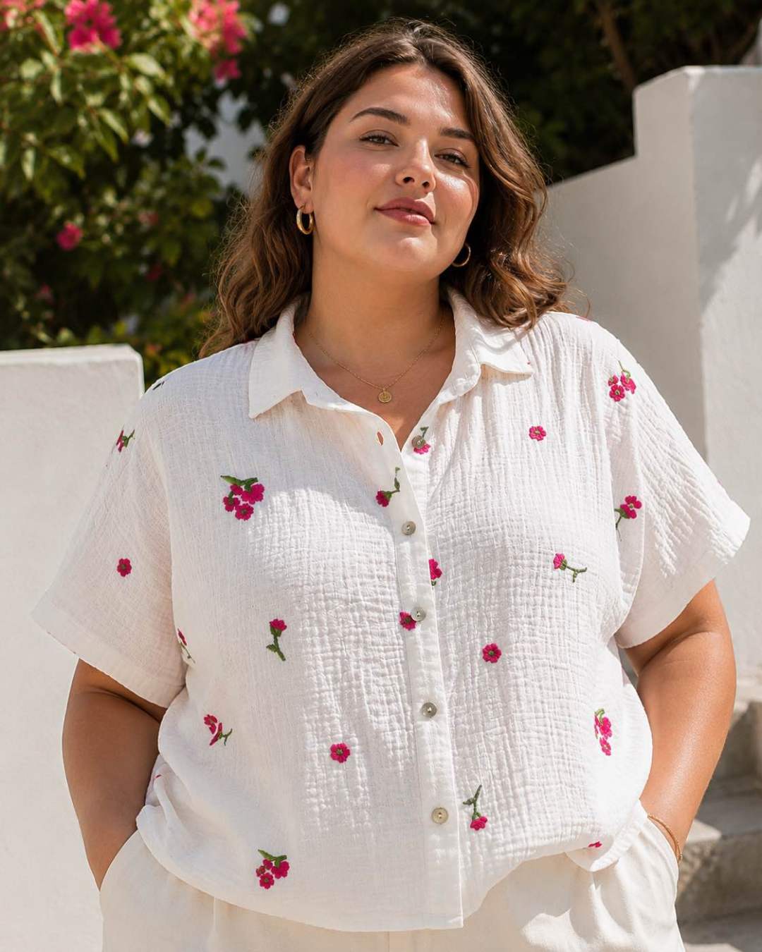 IVA227GTWH Gauze Cotton Floral Embroidered Shirt Plus Size White