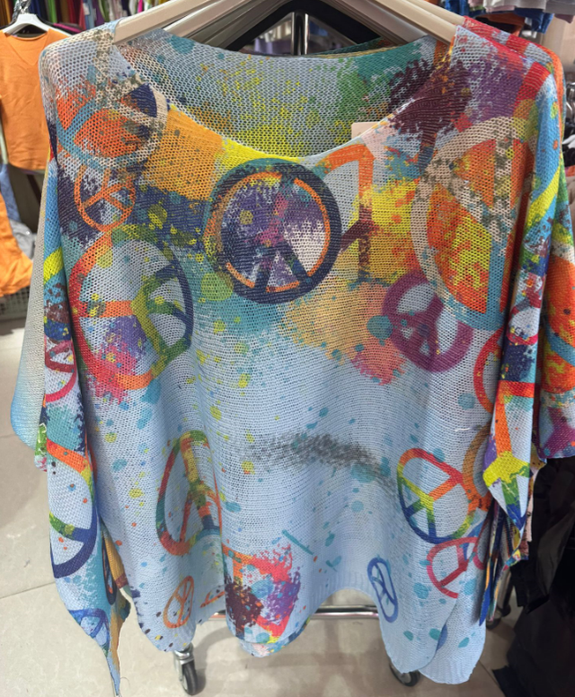 19BL Blue Peace & Love Knit Printed Sweater LOOWIE