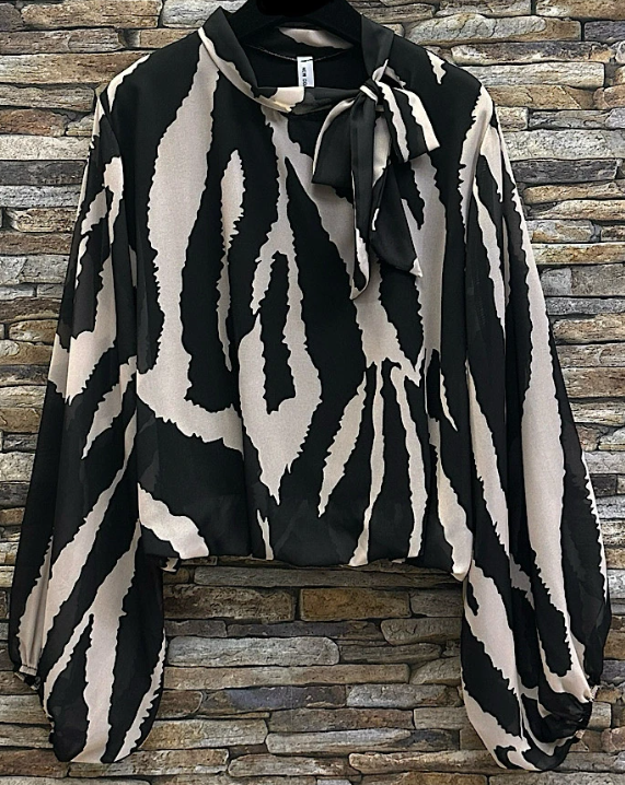E835 Italian Geometric Black Print Bow-Tie Blouse LOOWIE