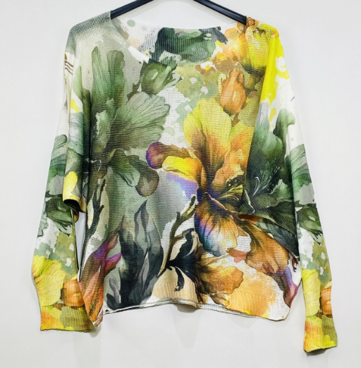 501 Olive Yellow Floral Round Knit Printed Sweater LOOWIE