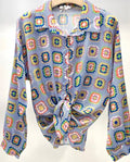867 Blue Crochet Striped Button Blouse Shirt LOOWIE