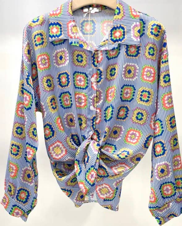 867 Blue Crochet Striped Button Blouse Shirt LOOWIE