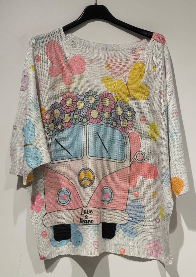 POVA Pink Van Knit Printed Sweater 3/4 sleeves