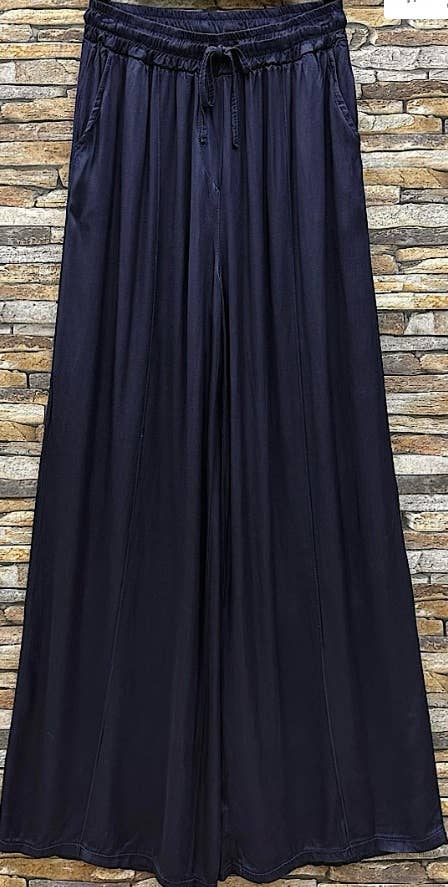 ELPNA Italian Navy Blue Wide Legs Satin Feel Pants LOOWIE