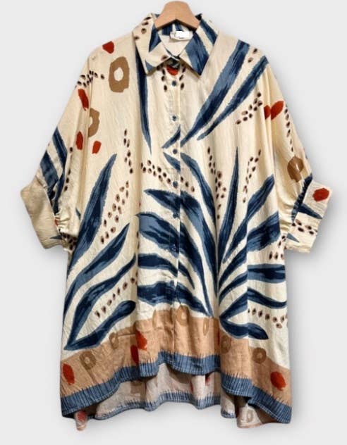 OF08B Italian Blue Oversized Button Shirt 3/4 Sleeves LOOWIE