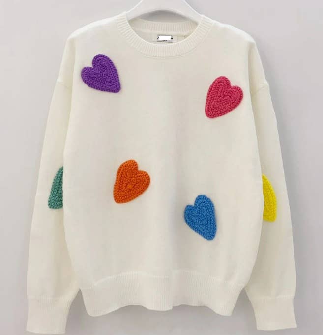 MCHEART White Soft Comfy Sweater w/Embroidered Hearts