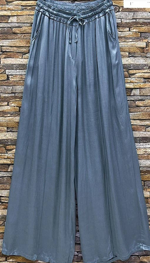 ELPBLU Italian Blue Wide Legs Satin Feel Pants LOOWIE