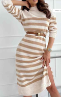 747 Camel Striped Sweater Dress LOOWIE