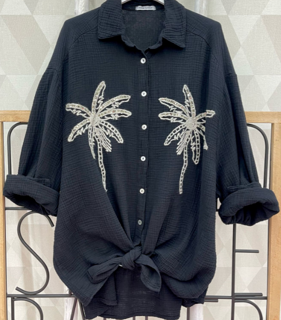 PALMBL Black Palm Trees Oversized Gauze Cotton Shirt LOOWIE