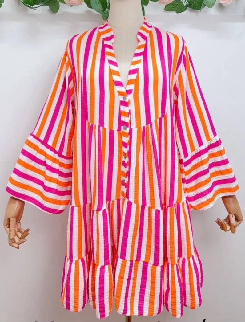 SVO39 Fuchsia One Size Italian Striped Short Printed Dress